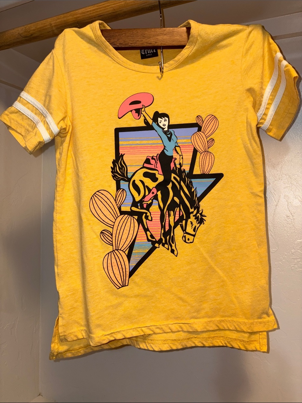 Cruel Girl Yellow Graphic Rodeo Tee with Pink Accents